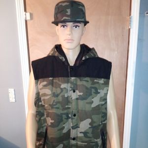 CAMOUFLAGE AND BLACK VEST WITH THE HAT TO MATCH